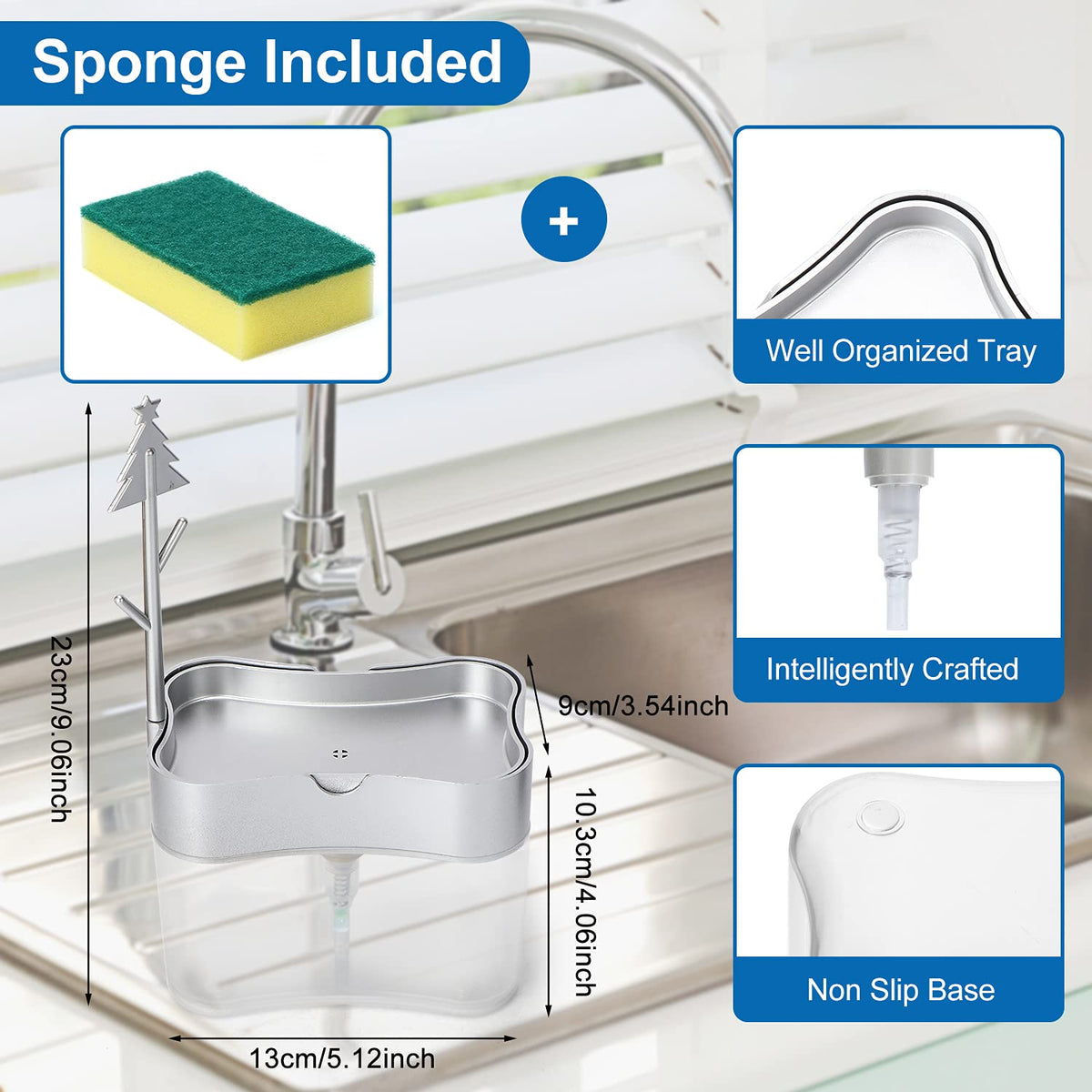 New 2026 Version Soap Dispenser with Added Features - Premium Quality Dish Soap Dispenser - Countertop Kitchen Soap Dispenser, Sink Dish Washing 13 Ounces (Sponge Included)