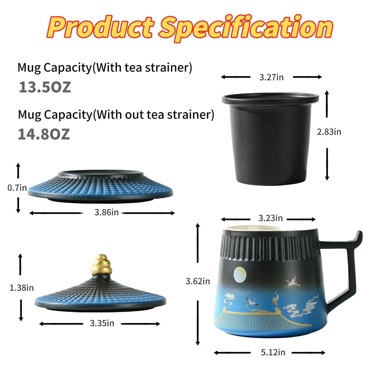 Coolpei Loose Leaf Tea Cup with Infuser and Lid, 14.8oz Chinese Ceramic Mug with Fine Mesh Strainer, Office Steeping Cup for Tea Lovers Gifts