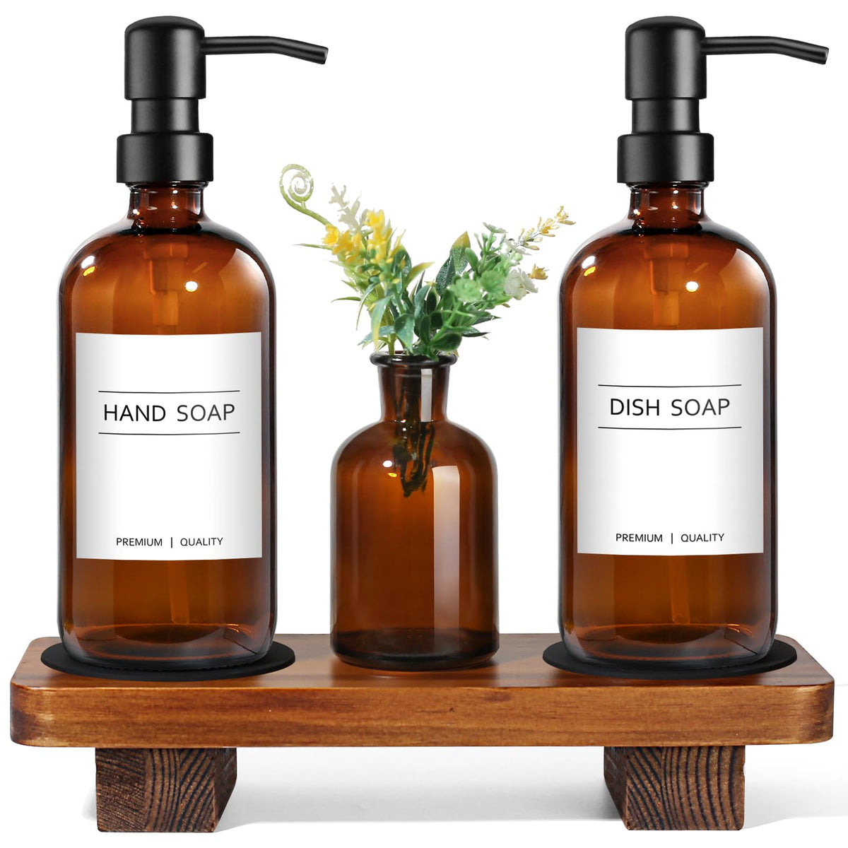 Kitchen Soap Dispenser Set with Wood Riser Tray, Amber Glass Soap Dispenser with Stainless Steel Pump, Hand and Dish Soap Dispenser Set for Kitchen, Soap and Lotion Dispenser Bathroom Decor(Amber)