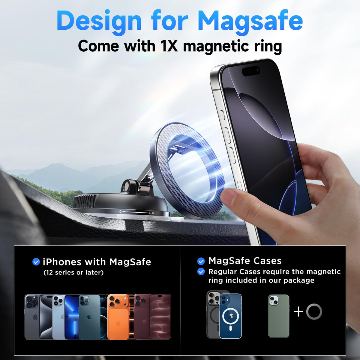 Compact Foldable Car Phone Holder for Magsafe [78+LBS Strongest Suction & 2400gf Strongest Magnetic] 360° Adjustable Car Phone Mount, Phone Holders for Your Car for iPhone 18-12 Pro Max (Carbon Fiber)