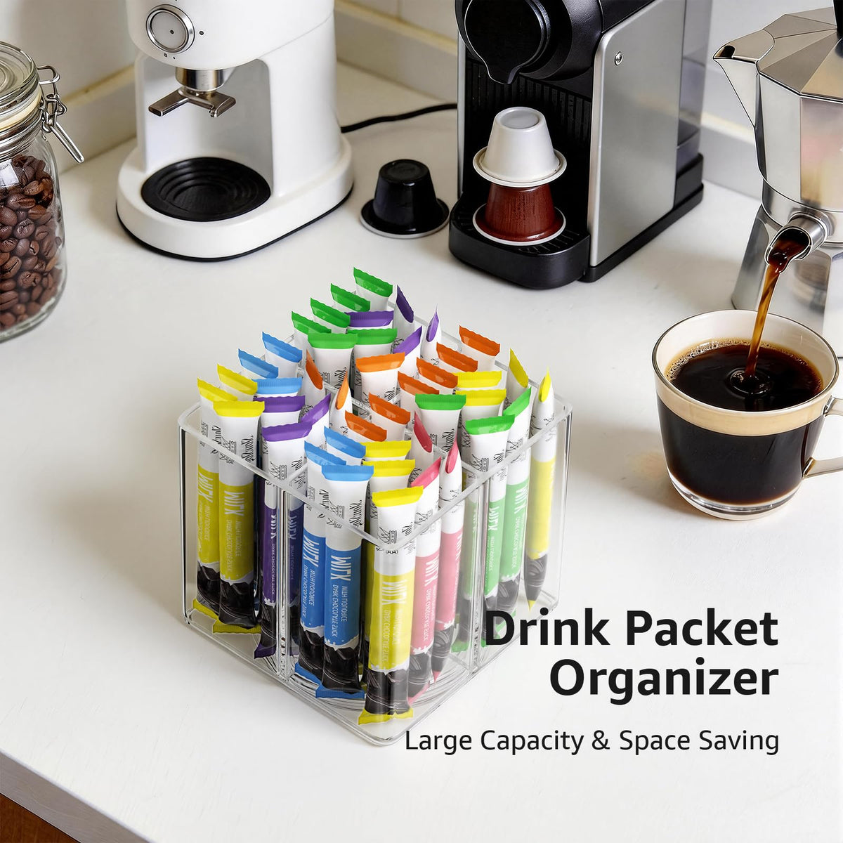 Drink Packet Organizer, Rotating Turntable Organizer with 4 Compartments
