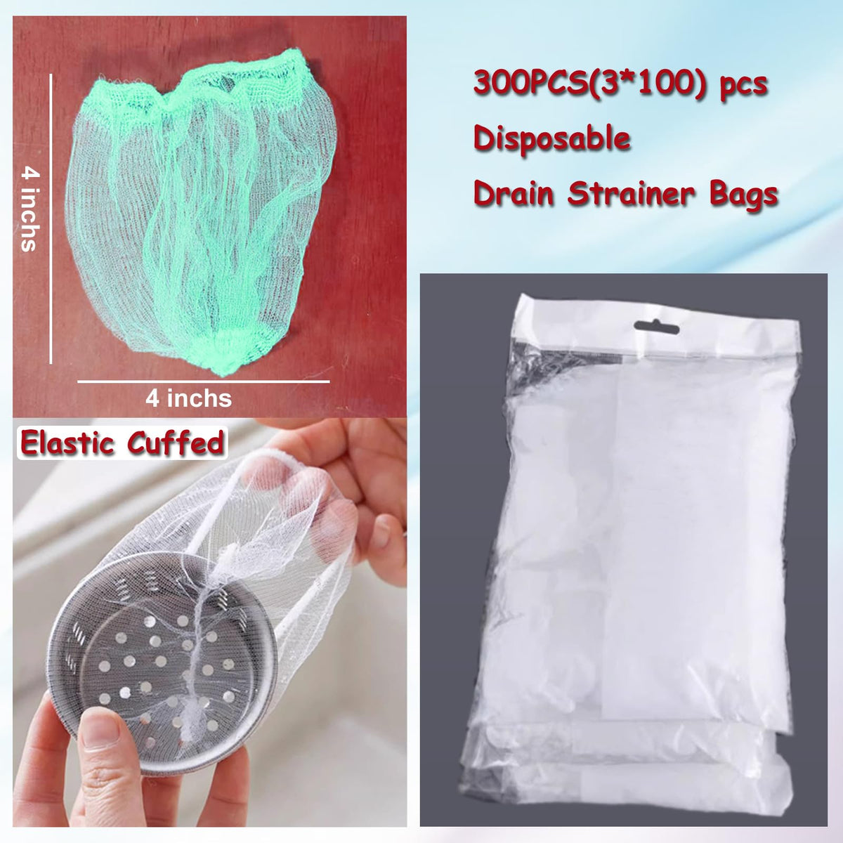 300 Filter Net Bags for Sink Drain Strainer with Storage & Dispenser Box