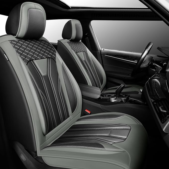 Fit Kicks Car Seat Covers， Compatible with Nissan Kicks 2018-2026 -Premium Leather, Waterproof Breathable All-Weather Seat Cushion Protector Airbag Compatible（2 Seats Front Pair，Gray & Black