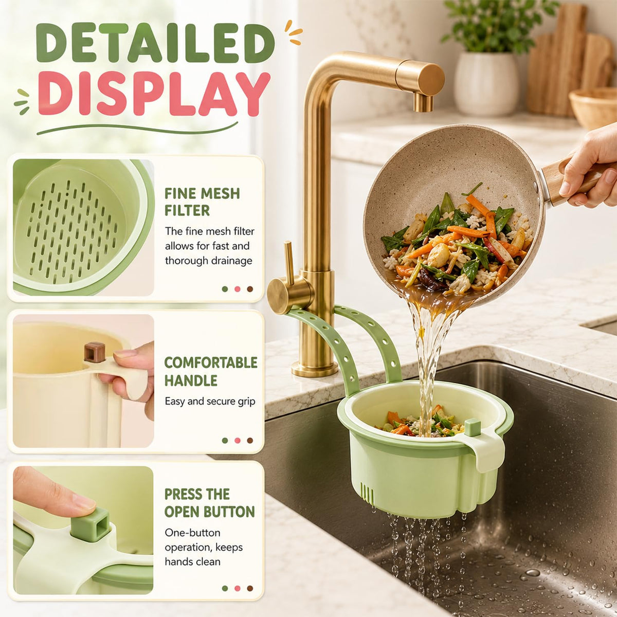Sink Filter Basket, Kitchen Sink Strainer Basket with Self-Cleaning & One-Touch Press, Hanging Sink Drain Basket for Draining, Washing, Storage, 5.7x5.1x3.5 Inches (Green)