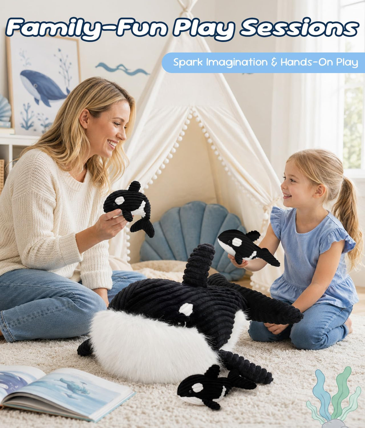 MorisMos 4Pcs Orca Stuffed Animals with Babies Inside, 23.6in Orca Family Plush Toy, Killer Whale Stuffed Animal Birthday for Kids Girls Boys