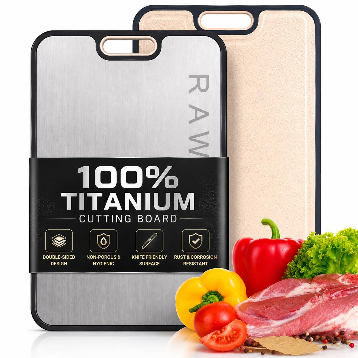 ELK DESIGNS Titanium Cutting Board - Double Sided Food Grade Chopping Board For Kitchen - Pure Titanium/PP, Non Porous Odor Resistant Cutting Board for Meat, Vegetables & Fruits, Large Size