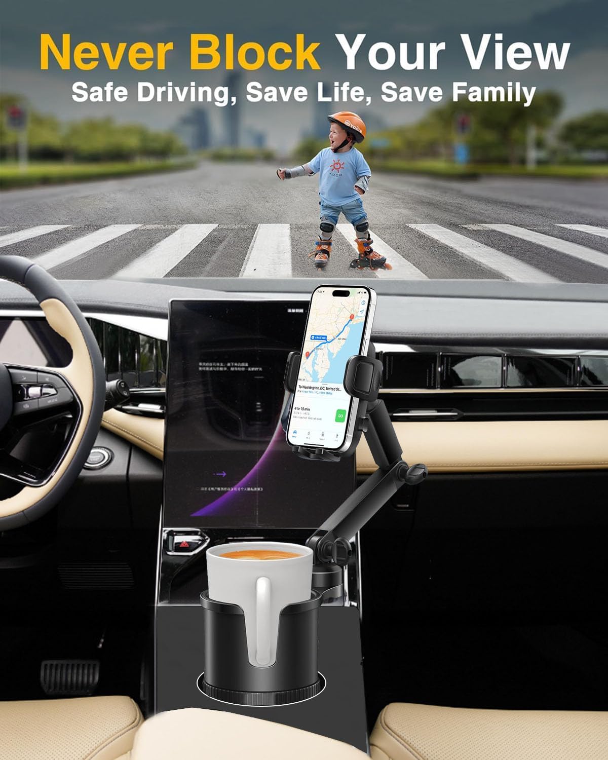 Easkkty 2-in-1 Cup Phone Holder for Car, 360° Adjustable Car Phone Mount