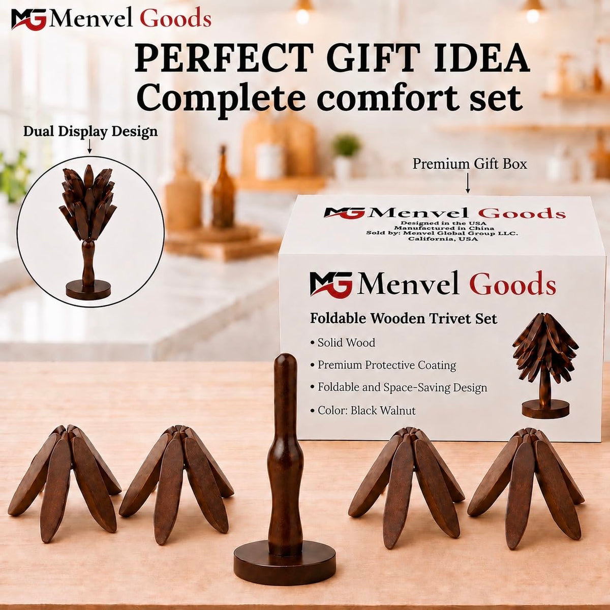 Menvel Goods Foldable Black Walnut Wooden Trivet Set for Hot Dishes - 4 Trivets + 1 Stand for Hot Dishes, Tree Coasters, Pot, Bowl, Teapot - Hot Pot Holders(Black Walnut) - Kitchen Gifts in The Box