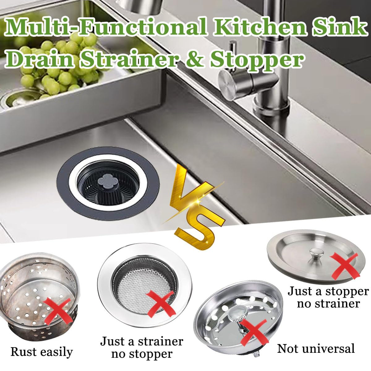 WSYLEN 3 in 1 Kitchen Sink Drain Strainer and Stopper Combo,Stainless Steel
