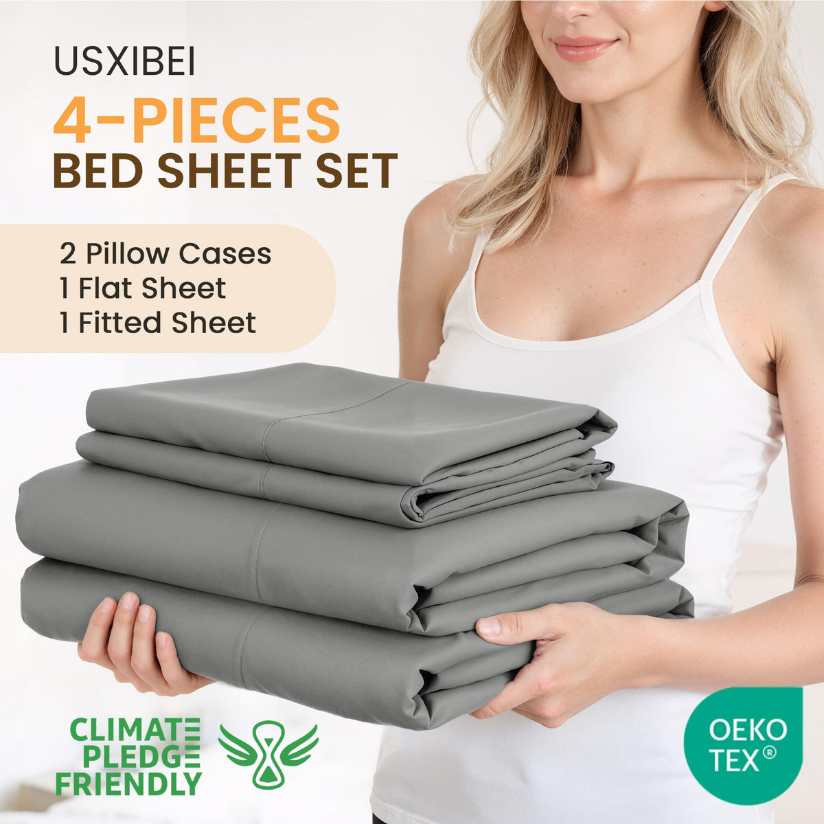 USXIBEI Queen Size 4 Piece Sheet Set - Comfy Breathable & Cooling Bed Sheets Set, Soft and Wrinkle Free, Deep Pockets, Easy & Secure Fit, Hotel Luxury Bedding for Women, Men - Oeko-Tex - Dark Grey