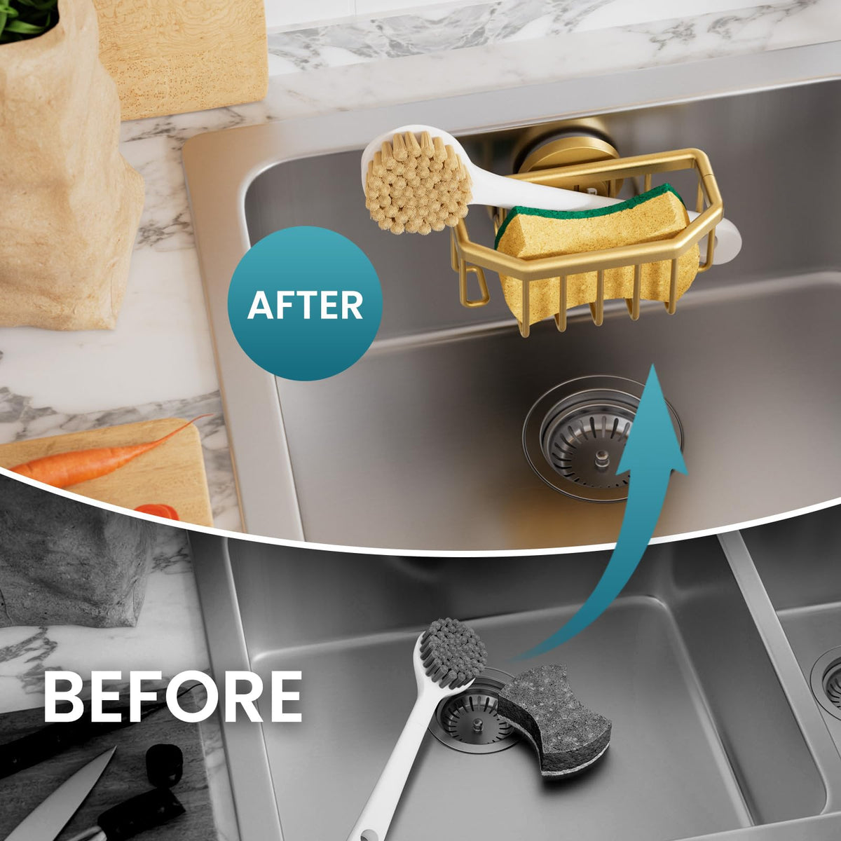 TAILI Sponge Holder for Kitchen Sink with Suction Cup-Gold, Aluminum
