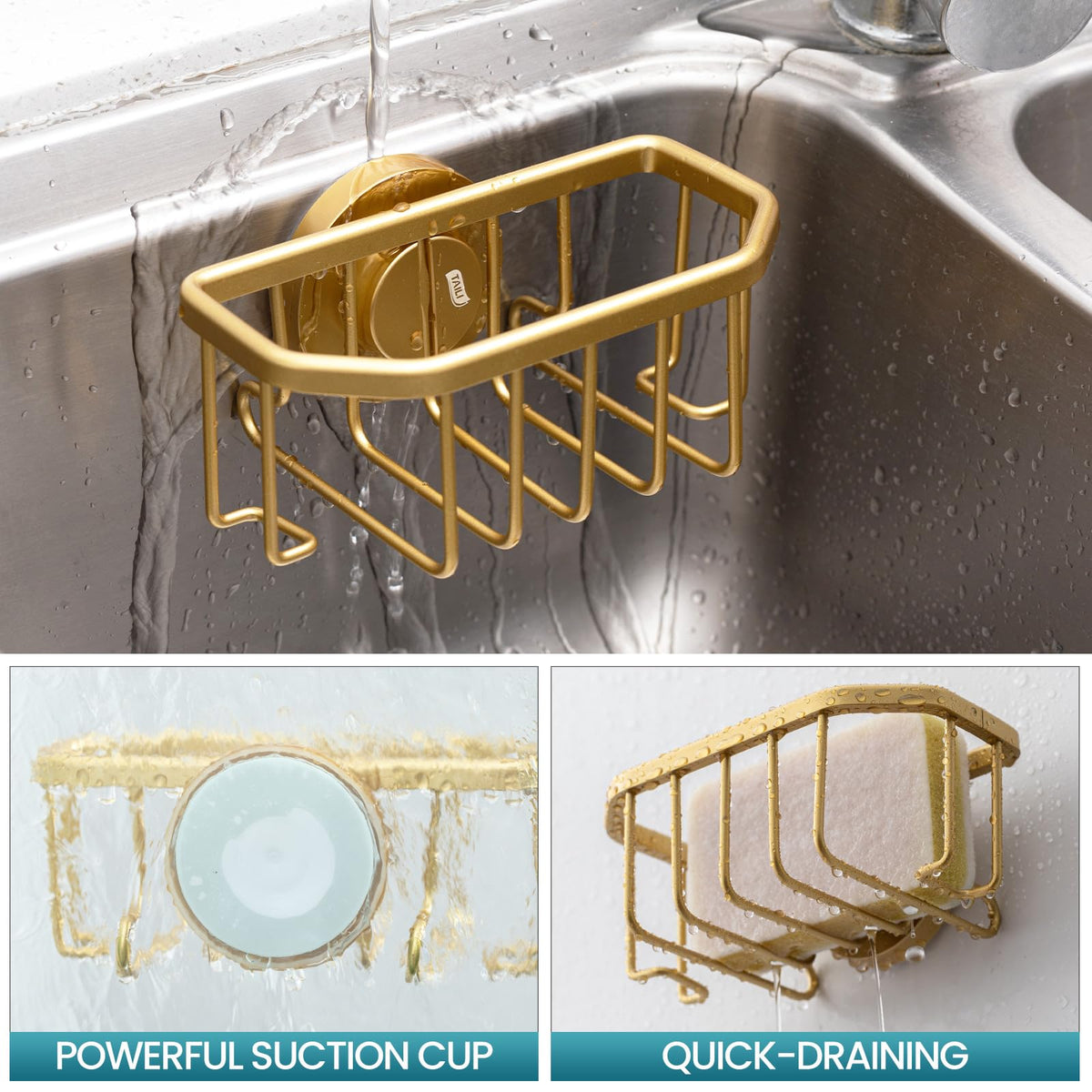 TAILI Sponge Holder for Kitchen Sink with Suction Cup-Gold, Aluminum