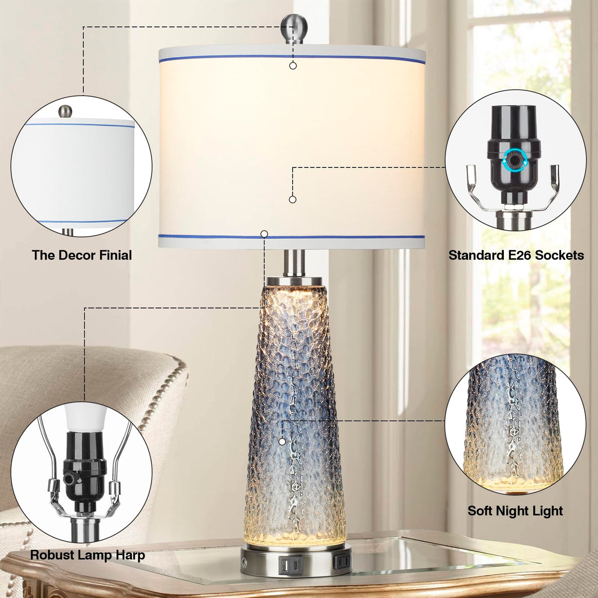 Lolikit 26" Coastal Table Lamp for Living Room, Nightstand Lamp for Bedroom