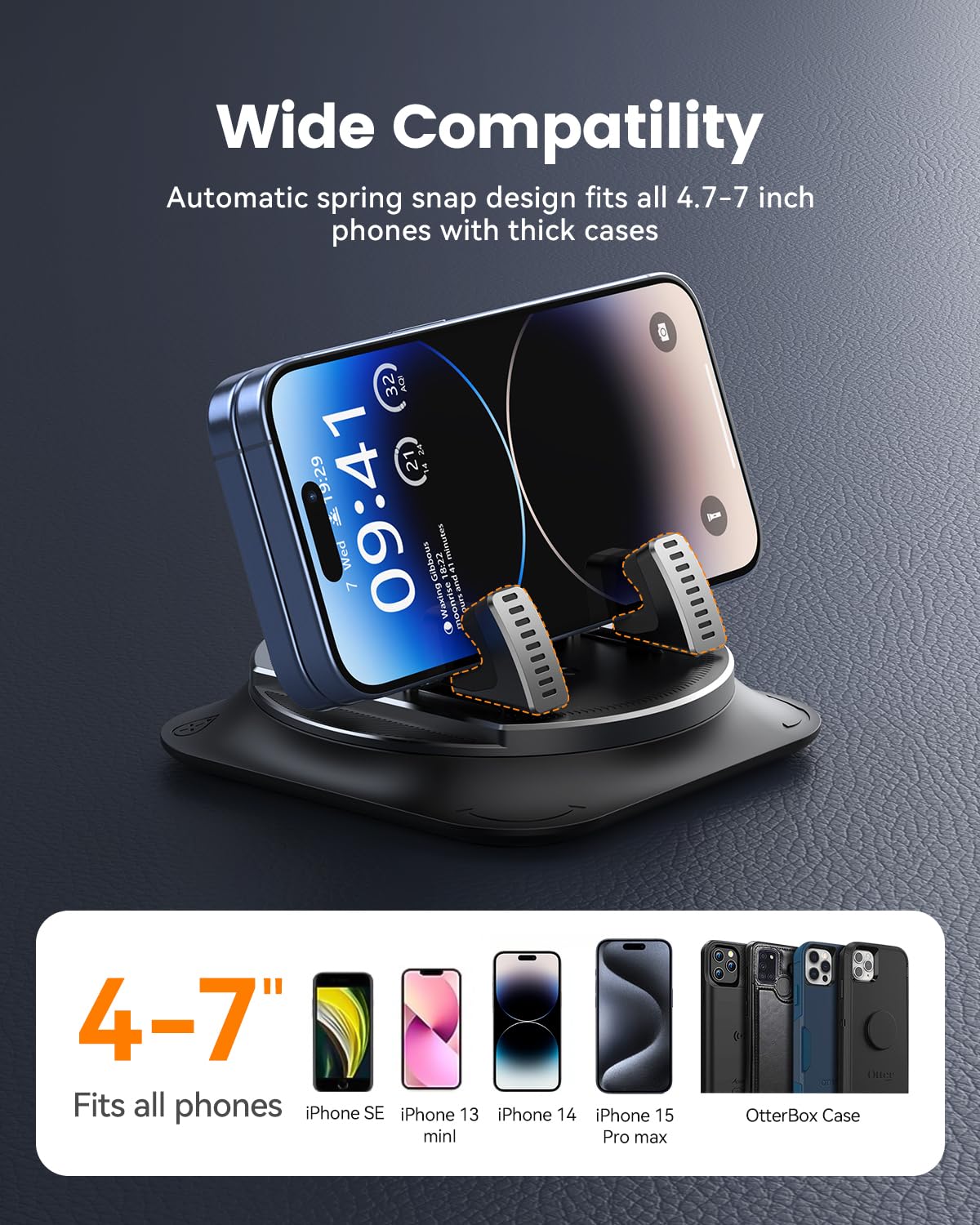 Vpryhuan 360 Degree Rotation Dashboard Phone Holder for Car, Anti-Slip Grips & One-Hand Operation Car Cell Phone Mount with Adjustable Spring Clip, Compatible with iPhone Samsung All Smartphones