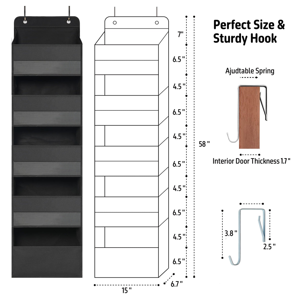 TYMENSH Black Over Door Organizer with 5 Large Pockets and 6 Side Mesh Pockets, Anti-Tilt Hanging Door Storage for Closet, Bathroom, Nursery, Bedroom, Dorm