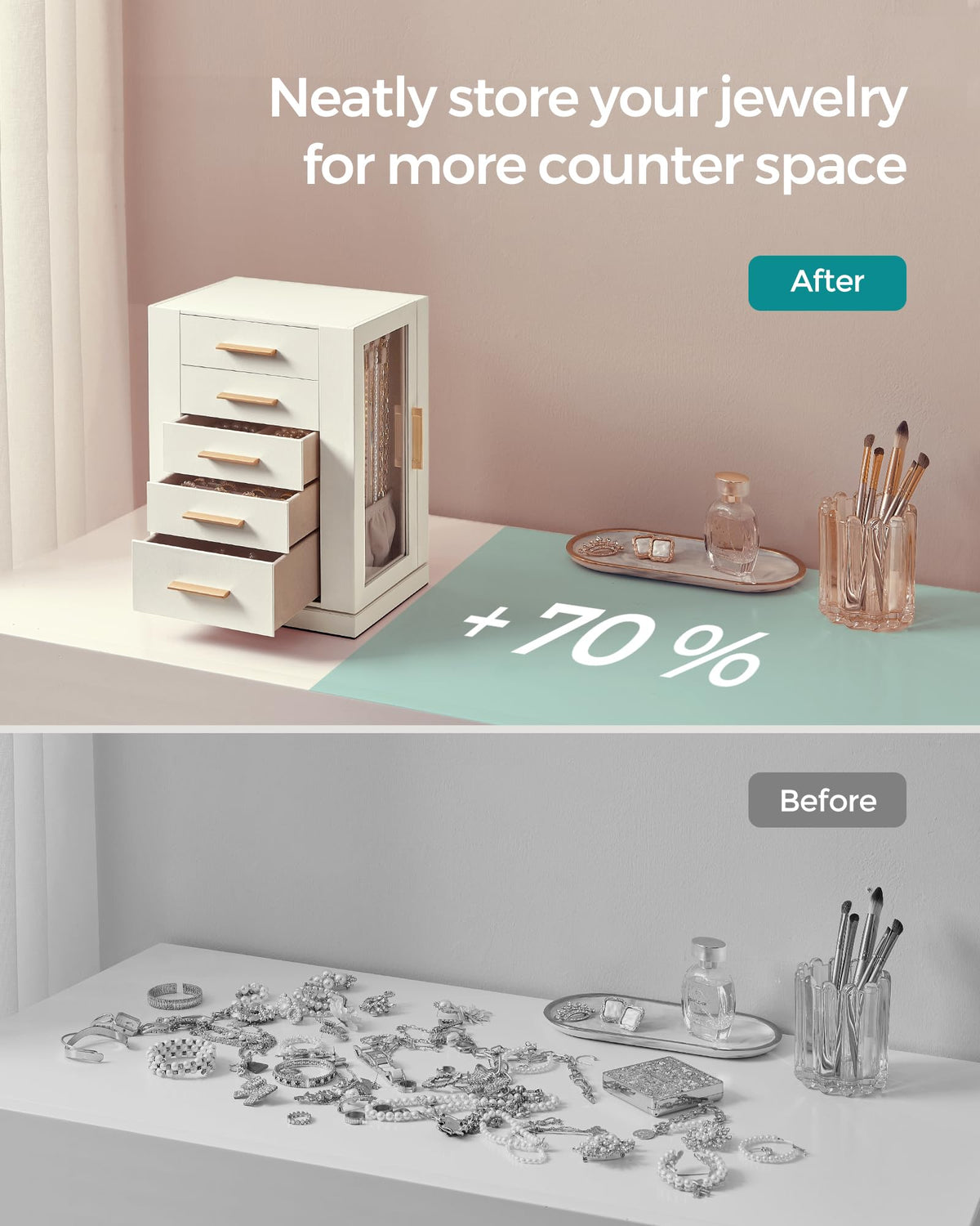 SONGMICS Jewelry Box Organizer, 360° Rotating, 5 Drawers, Cloud White