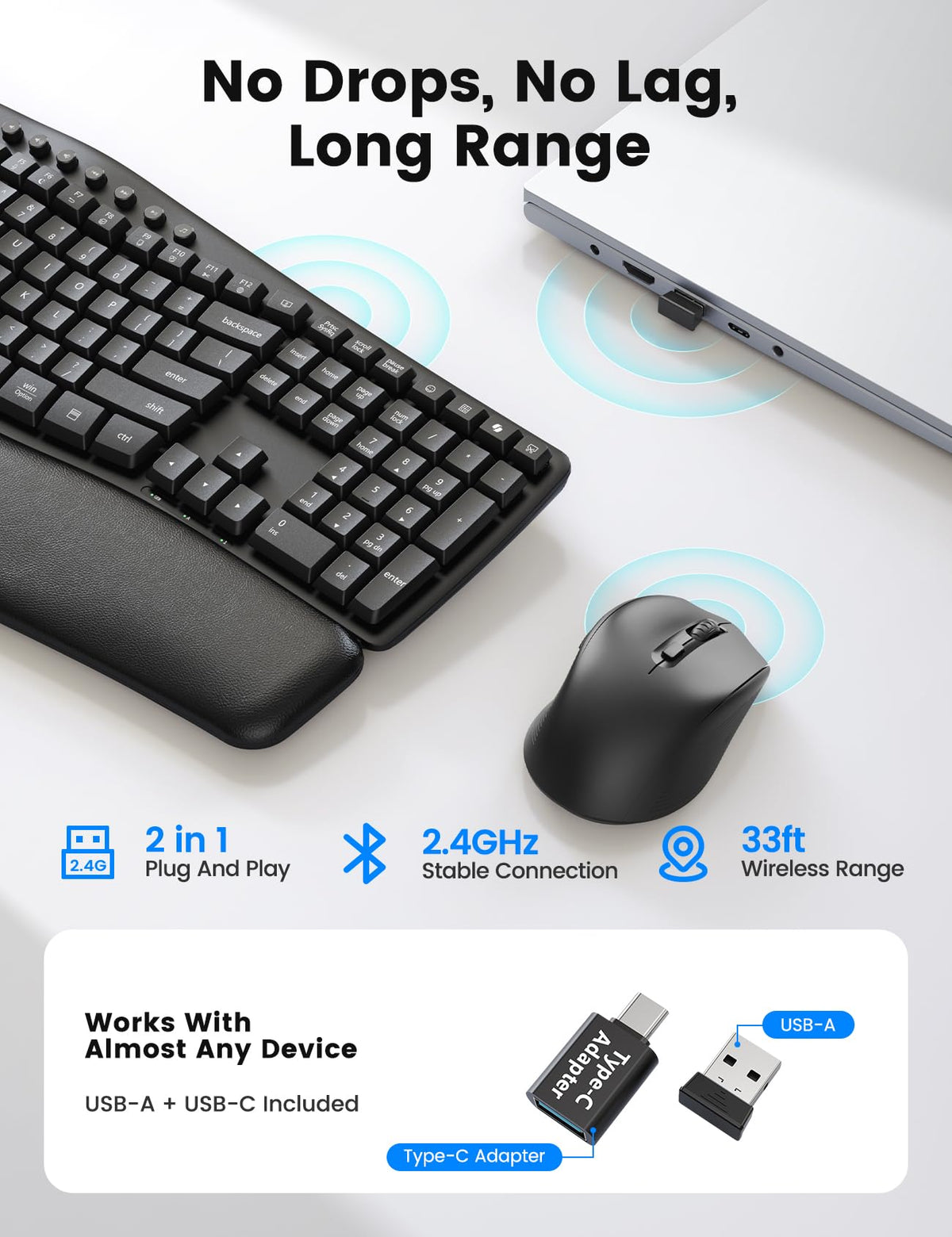 SABLUTE Wireless Keyboard and Mouse Combo, Ergonomic Wave, 30dB Quiet, MA41
