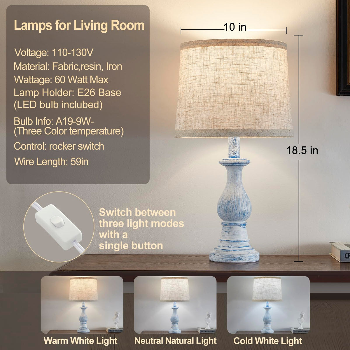 Table Lamps Set of 2, 18.5" Vintage Bedside Lamps for Bedroom Living Room