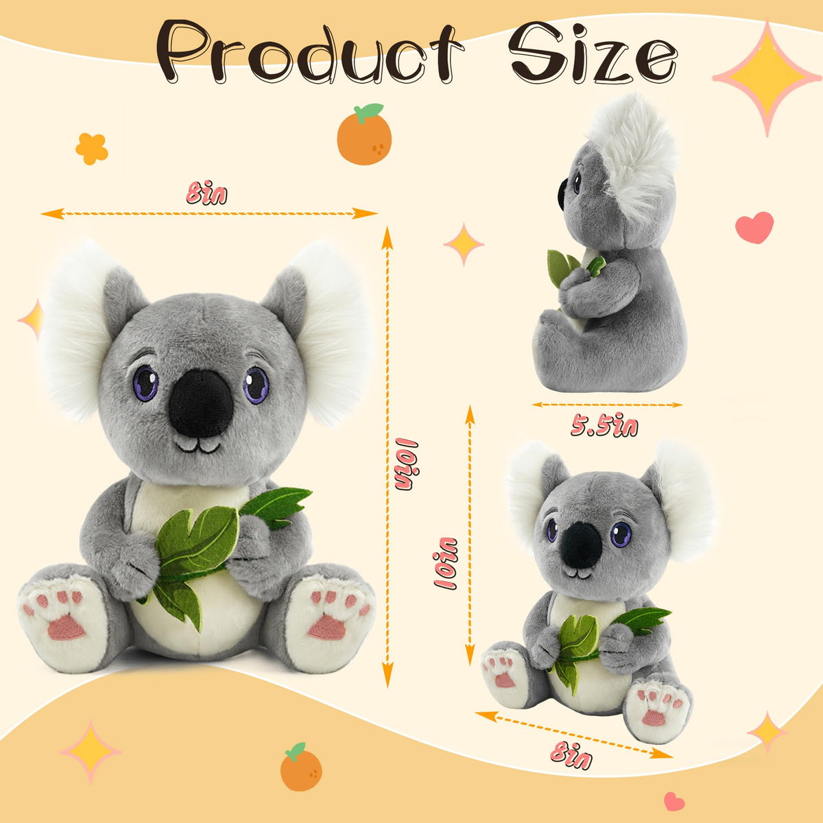 JUSTQUNSEEN Koala Stuffed Animal Plush Toy with Eucalyptus Leaf 10 Inch Cute Soft Koala Bear Plushies Safe Embroidered Eyes Zoo Animals Decor Birthday for Kids Toddlers Boys Girls