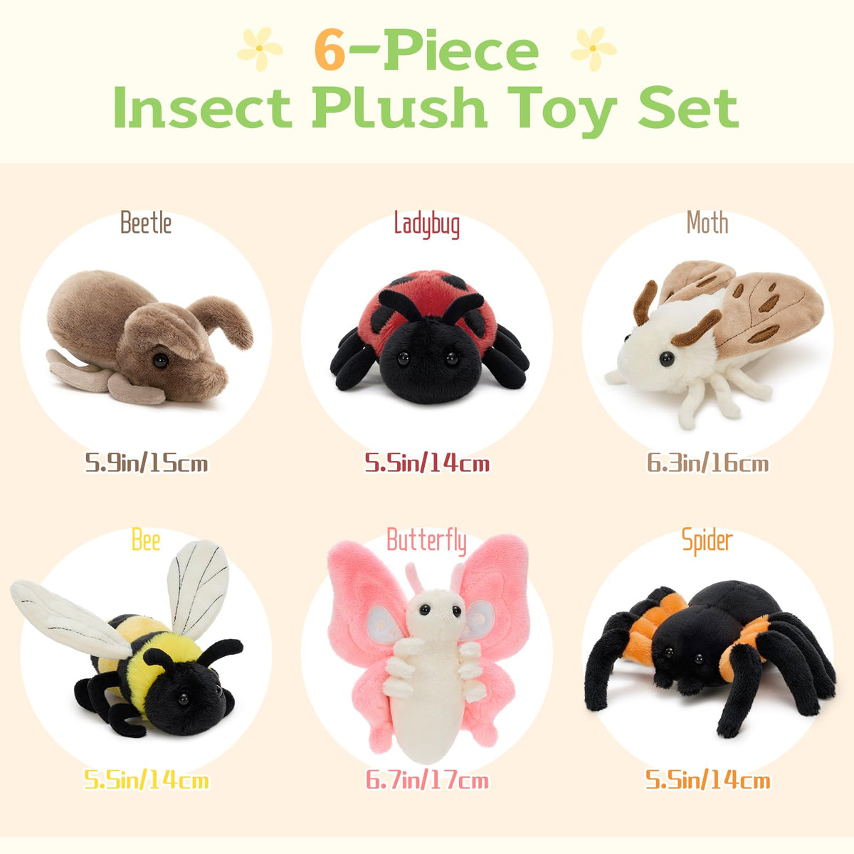 MorisMos Bug Plush Set, 6 Pack 6 Inch Insect Stuffed Animals for Kids