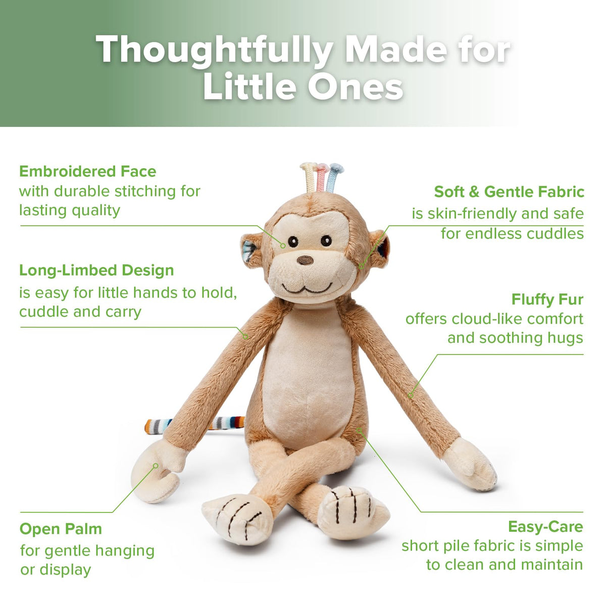 haakaa Monkey Plush Toy, Soft Cuddly Stuffed Animal Monkey Plushie with Long Limbs, Huggable Comfort Companion, Classic Gift for Kids & Adults