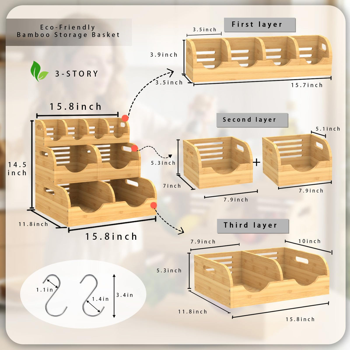 WHEEXIAG Potato and Onion Storage Bin, Made of bamboo, With 2 banana hooks