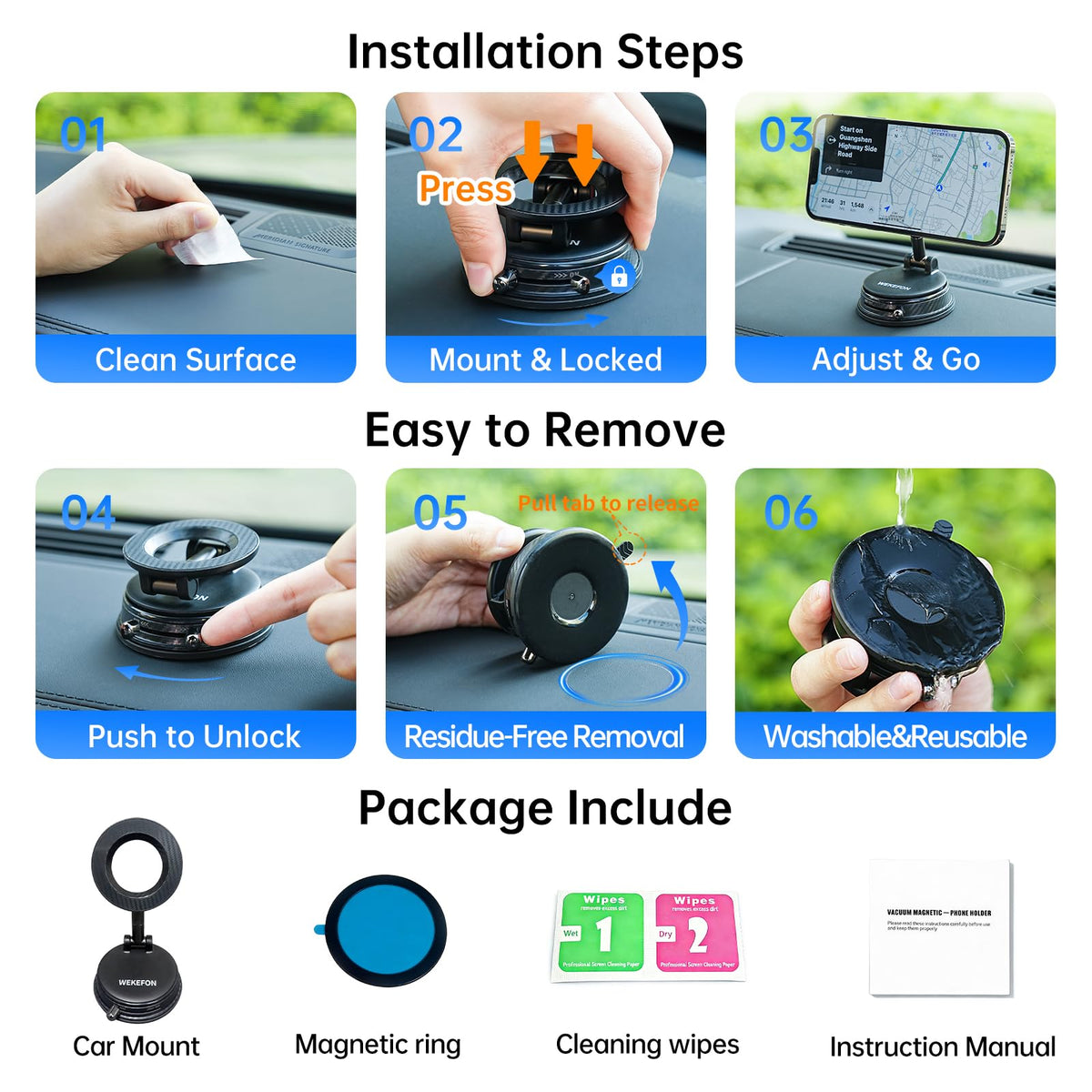 Upgraded Car Phone holder for Magsafe [120LBS Suction Cup & 3000gf Magnet ] 1100° Adjustable Vacuum Magnetic Phone Holders for Your Car, Dashboard Car Mount Bracket for iPhone & Android, Carbon Fiber