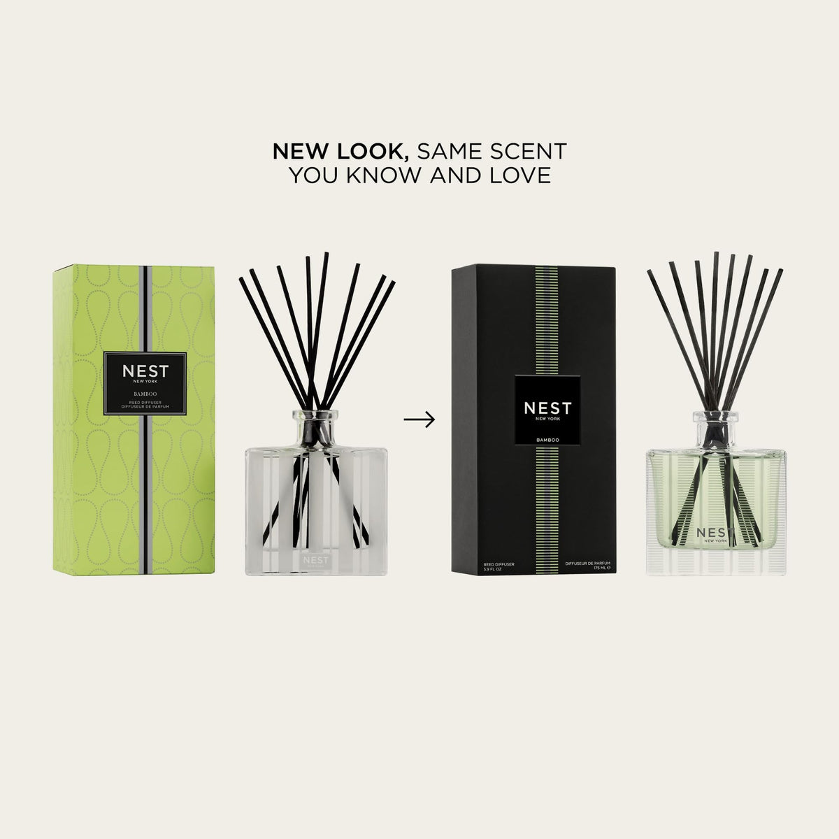 NEST New York Reed Diffuser, Bamboo - 5.9 fl oz - Fragrance for Up to 90 Days - Reusable, Refillable Glass Holder - Includes 8 All-Natural Reed Sticks - Flame Free