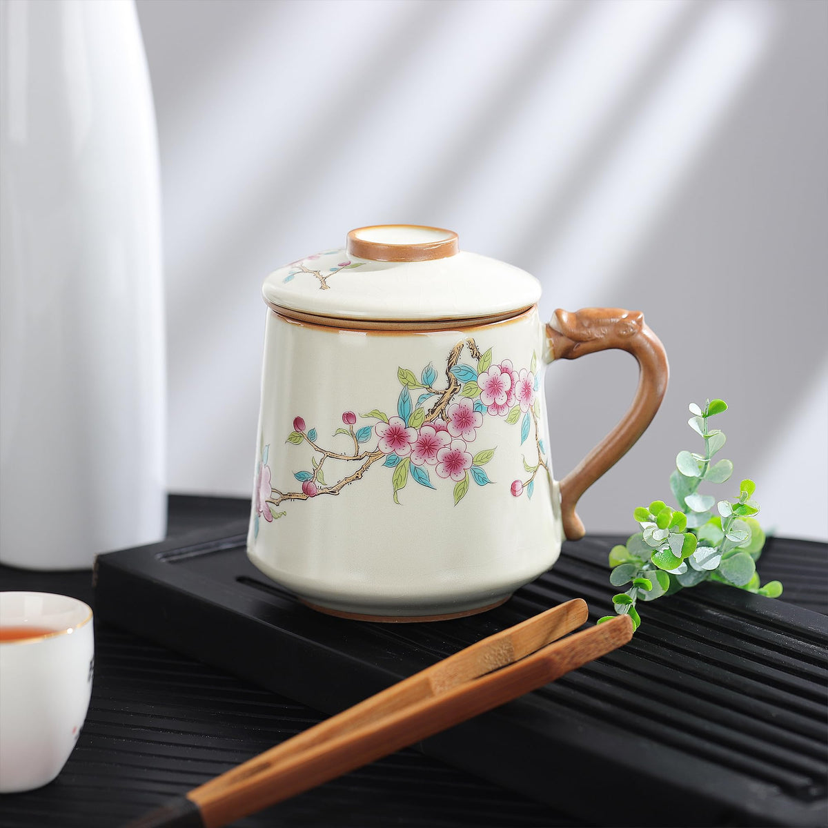 fanquare Beige Ruyao Porcelain Tea Cups with Infuser and Lid, Chinese Steeping Tea Mug with Strainer for Adults, Plum Blossom Tea Cup Set for One for Home Office