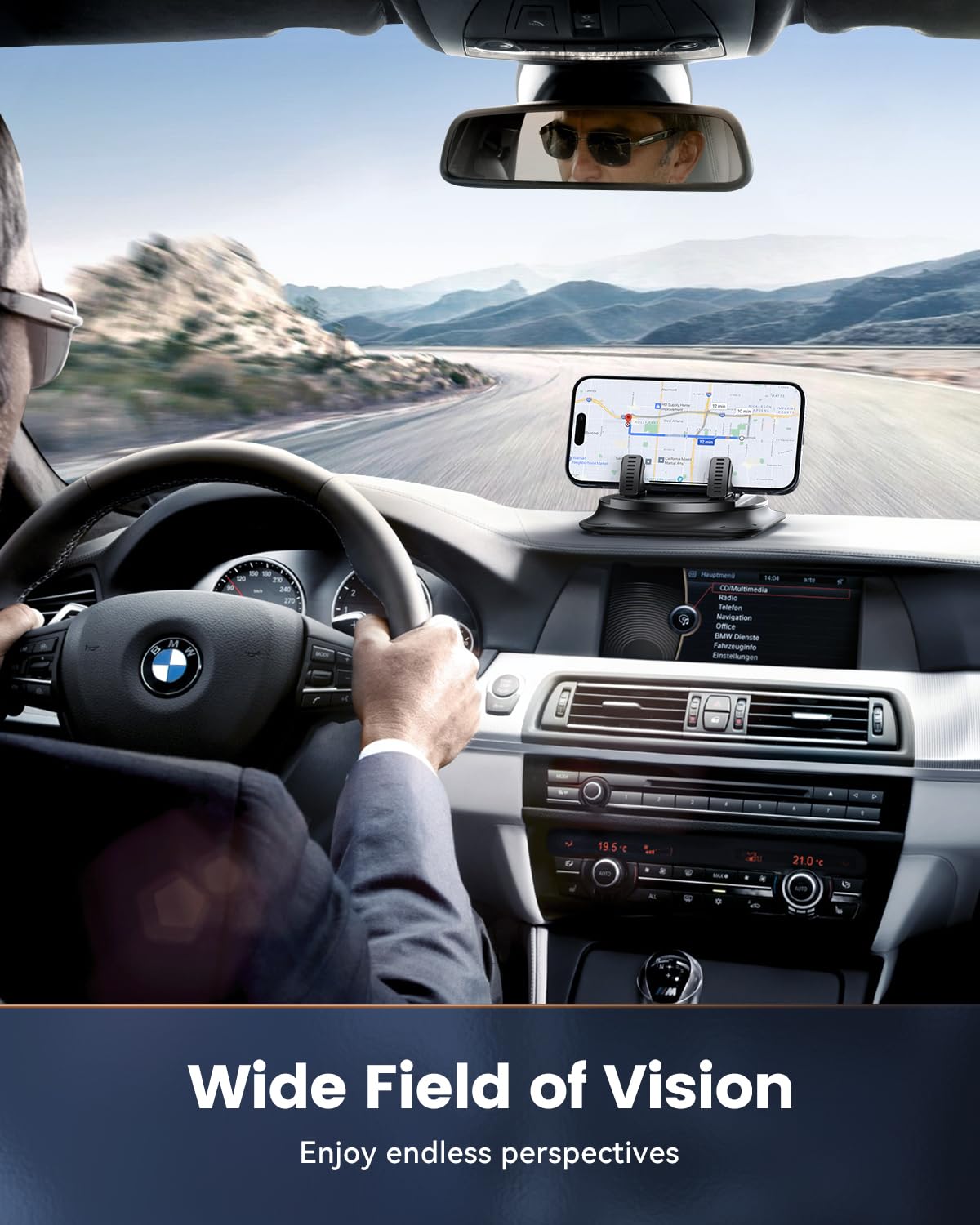 Vpryhuan 360 Degree Rotation Dashboard Phone Holder for Car, Anti-Slip Grips & One-Hand Operation Car Cell Phone Mount with Adjustable Spring Clip, Compatible with iPhone Samsung All Smartphones
