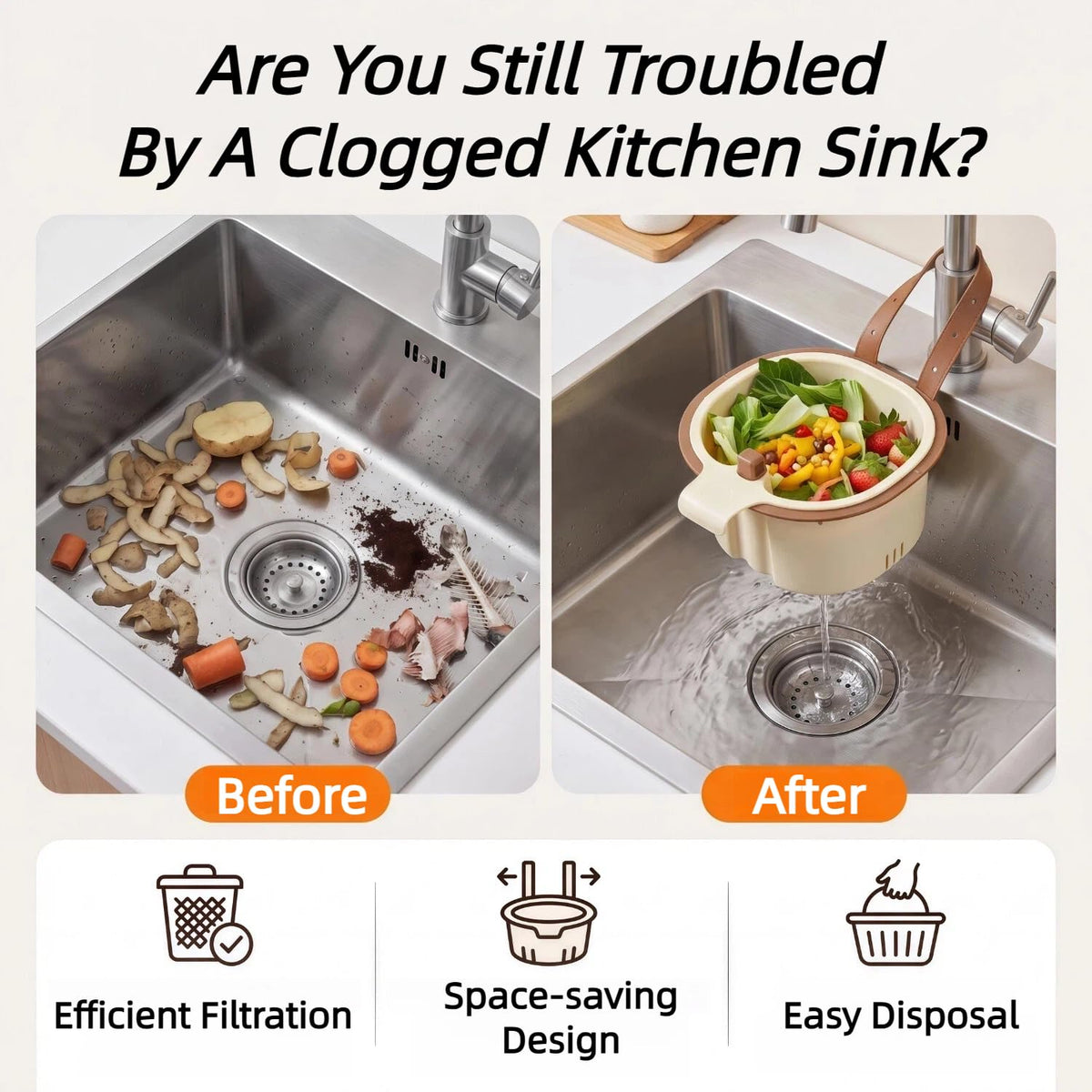 One-Click Hanging Sink Drain Basket, No-Touch Kitchen Sink Strainer Basket with Adjustable Faucet Strap, Fine Mesh Food Catcher for Food Waste, Fast Drainage, Dishwasher Safe, Fits All Kitchen Sinks