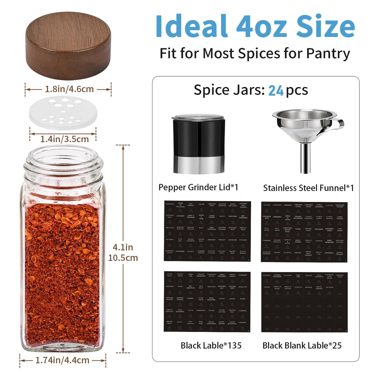 Yangbaga Glass Spice Jars with Labels, 24pcs 4oz Seasoning Organizer Jars