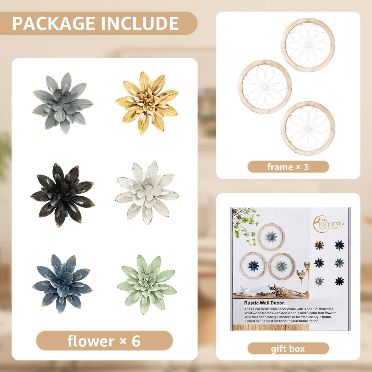 Paquesta 3 Piece Round Farmhouse Wall Decor with 6 Piece Interchangeable Flowers 12'' Medallion Wood & Metal Rustic Wall Art for Living Room Bedroom Kitchen Bathroom Dining Room Home Decorations