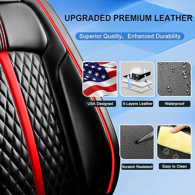 Fit Accord Car Seat Covers (Front Pair) for Select Honda Accord 2012-2026, Luxury Full Coverage Leather, Airbag Compatible, Waterproof & All Weather Seat Cushion Protector, Black with Red Trim