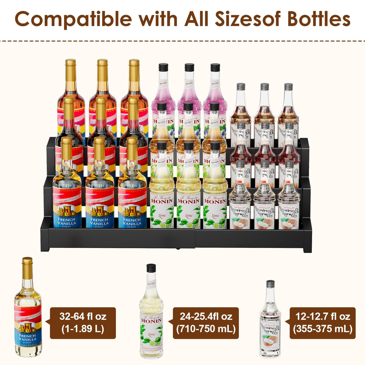 Expandable Coffee Syrup Organizer, 3-Tier Syrup Rack, 15-24 Bottles