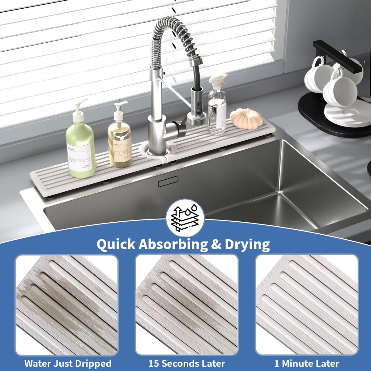 Stone Faucet Mat for Kitchen Sink, Water Absorbing Sink Water Splash Guard, Fast-Drying Kitchen Sink Faucet Mat, Durable Protector and Stone Drying Mat for Kitchen Counter & Bathroom Sink