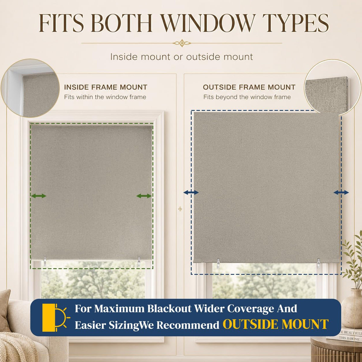 JILRON 100% Blackout Roller Shades,No-Drill Adhesive Blackout Curtains,Blinds for Indoor Windows(47" W x 72" H, Light Coffee)