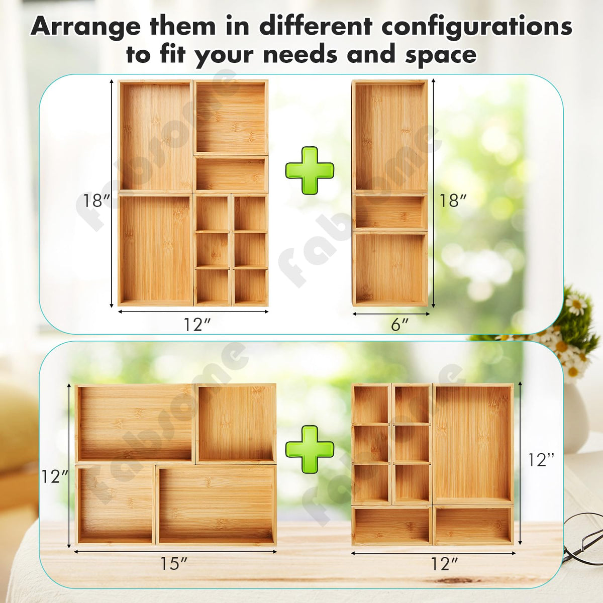 Fabsome Drawer Organizer, Set of 9 Bamboo Wood Kitchen Makeup Desk Junk Tea Drawer Storage Boxes Bins for Cutlery Silverware Utensils Flatware, Small Wooden Container Tray for Bathroom, Office