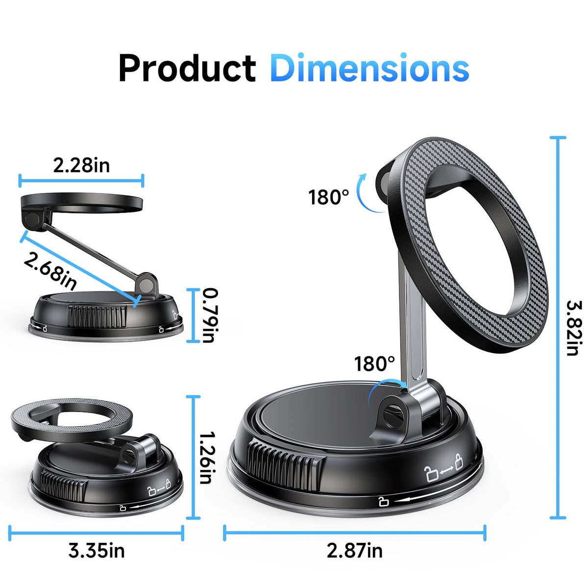 Compact Foldable Car Phone Holder for Magsafe [78+LBS Strongest Suction & 2400gf Strongest Magnetic] 360° Adjustable Car Phone Mount, Phone Holders for Your Car for iPhone 18-12 Pro Max (Carbon Fiber)