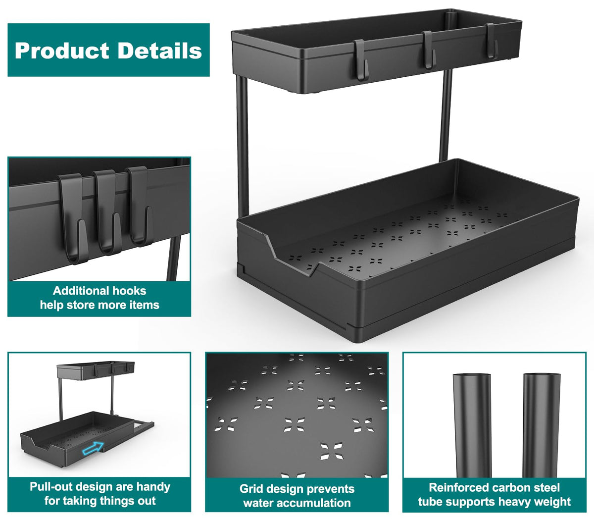 NATURE'S SOURCE 2 Pack Under Sink Organizer 2 Tier Sliding Cabinet Organizers Multi-Purpose Sink Storage Basket L-Shape Narrow Space Storage Shelves with 4 Hook for Kitchen Bathroom Drawer, Black