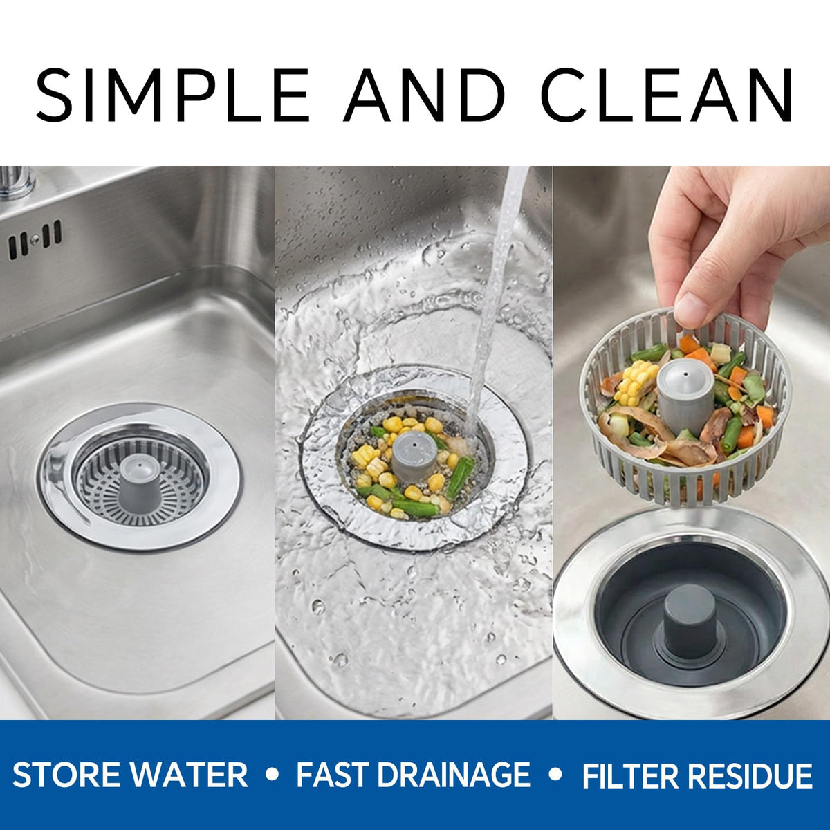 Blazeavian Solid Brass Body 3-in-1 Kitchen Sink Drain Strainer & Stopper, Heavy Duty Pop Up Plug Assembly with 2 Baskets, Anti-Clog Replacement for US Standard 3-1/2 Inch Drains, Rust-Proof Silver