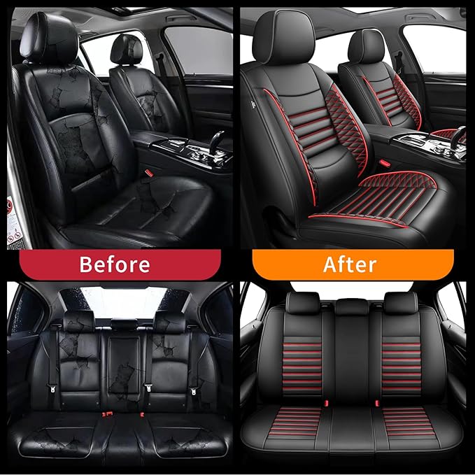 Fit Sonata Car Seat Covers for Hyundai Sonata 2004-2024 2025 2026- Upgraded Premium Waterproof & Breathable Leather, Airbag Compatible, All-Weather Seat Cushion Protector (Full Set, Black+Red)