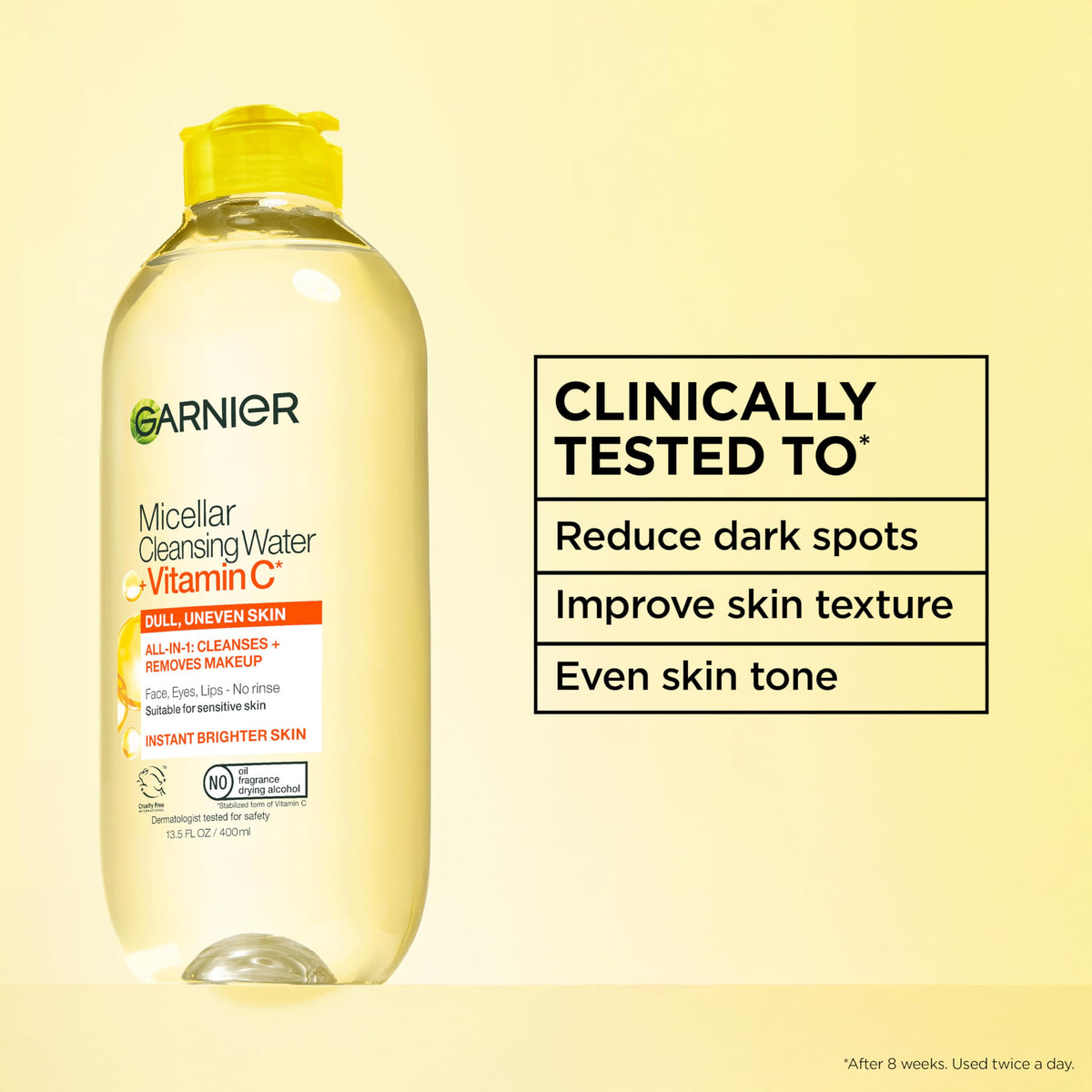 Garnier Micellar Water with Vitamin C, Facial Cleanser & Makeup Remover, Brightening & Hydrating, For All Skin Types, Vegan, Cruelty Free, 13.5 Fl Oz (400mL), 2 Count