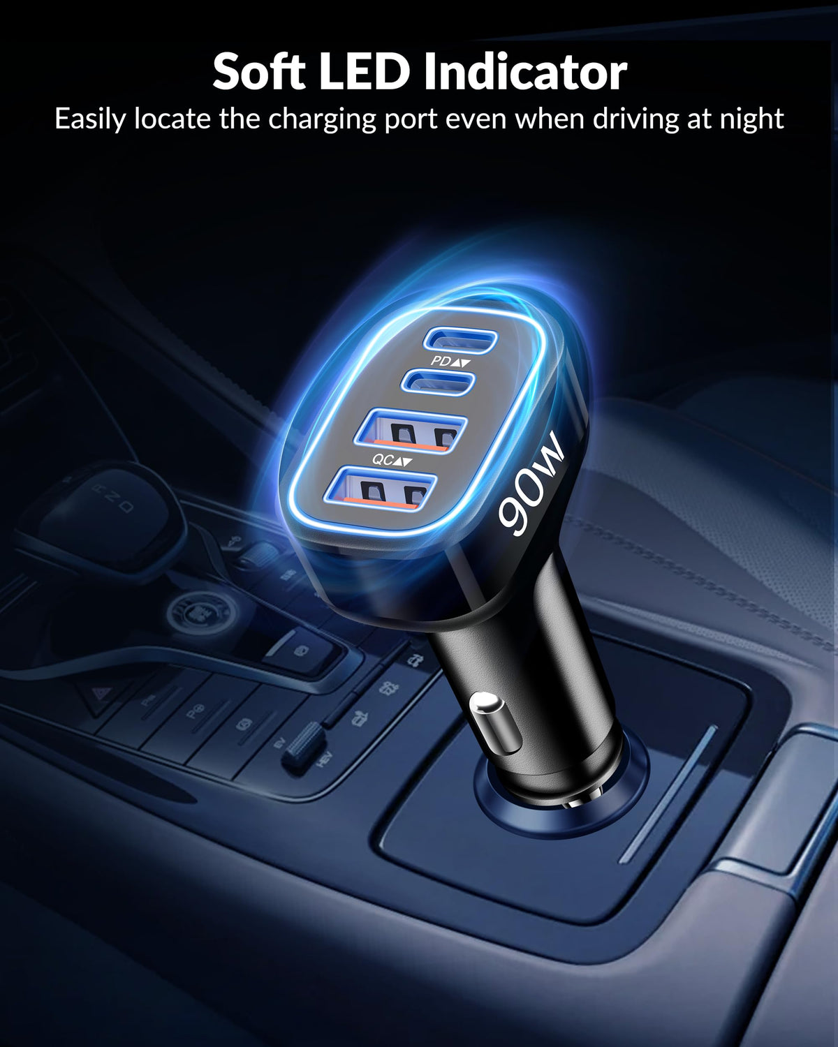 USB C Car Charger, 4-Port 90W Type C Super Fast Cigarette Lighter Adapter