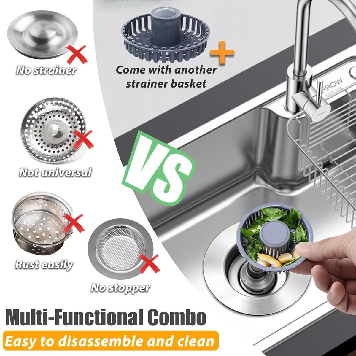Anlige Kitchen Sink Drain Strainer, 3 in 1 Pop Up Kitchen Sink Stopper