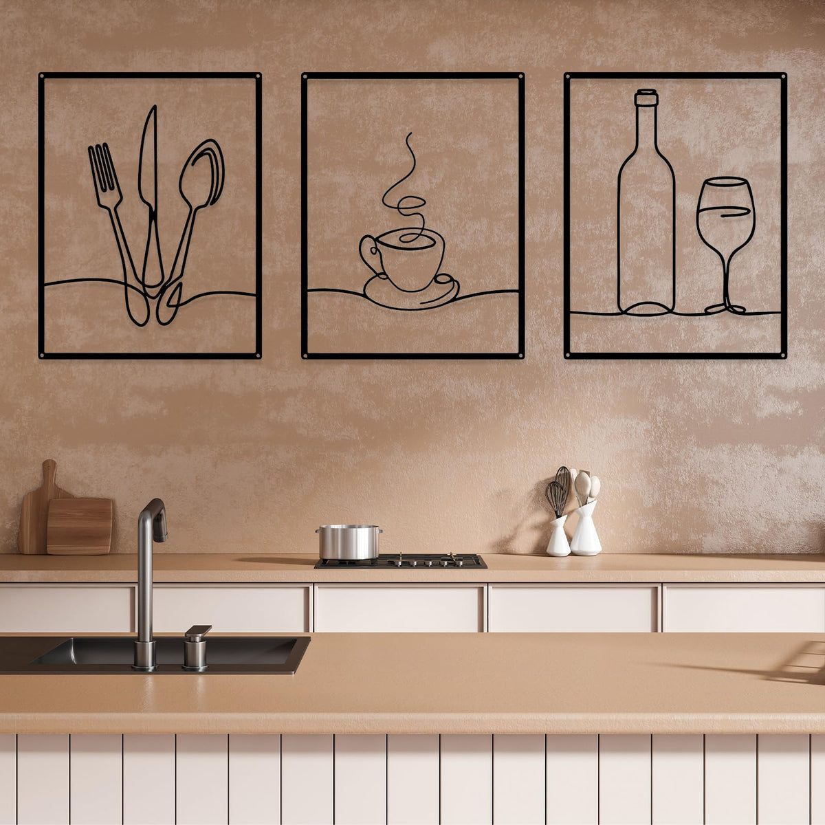 Otoolling 3 Pcs Metal Kitchen Wall Art Line 14x11,Dining Room,Black