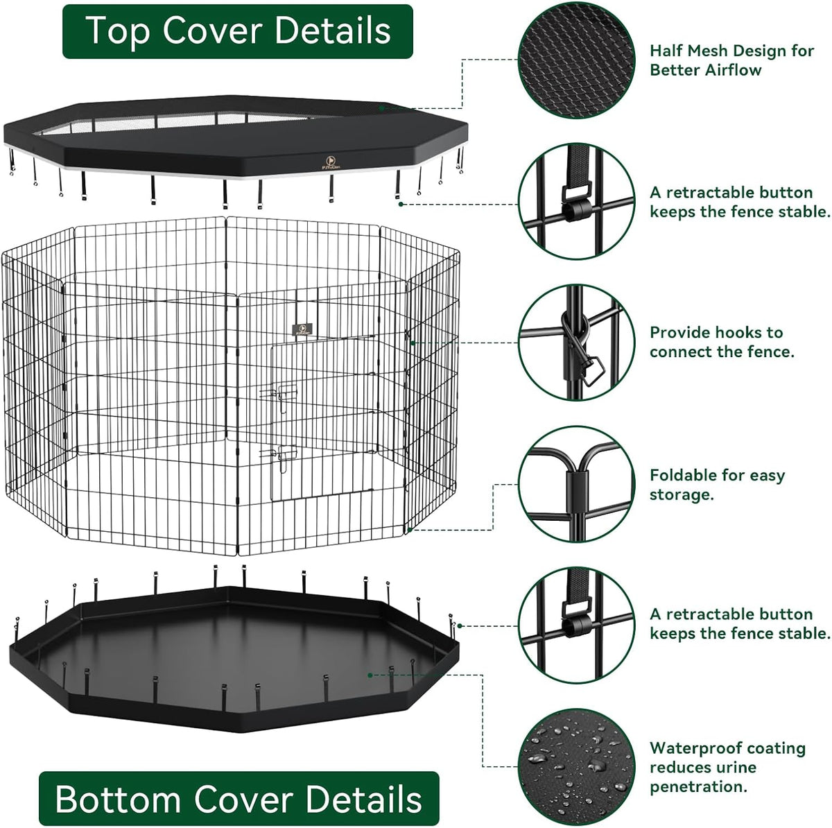 PJYuCien Dog Playpen, 8 Panels 42’’H Dog Pens Indoor with Bottom Pad and Top Cover, Metal Foldable Pet Puppy Exercise Fence Crate Kennel, Better for Medium and Big Animals,Black