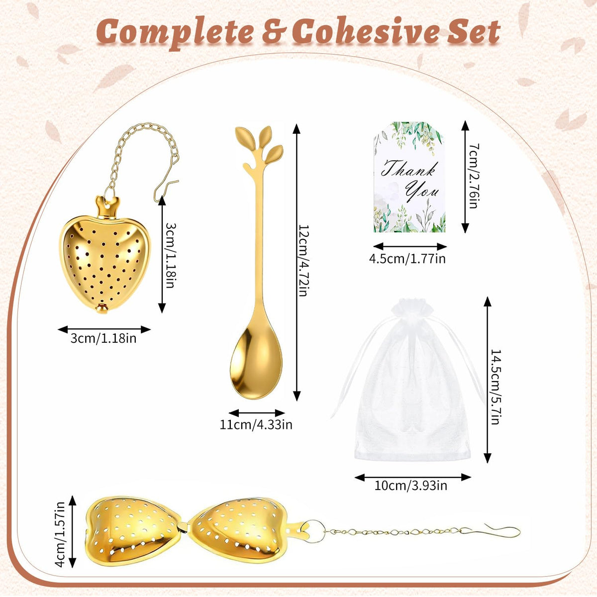 30 Pack Tea Party Favors Heart Strainers Gold Leaf Spoons