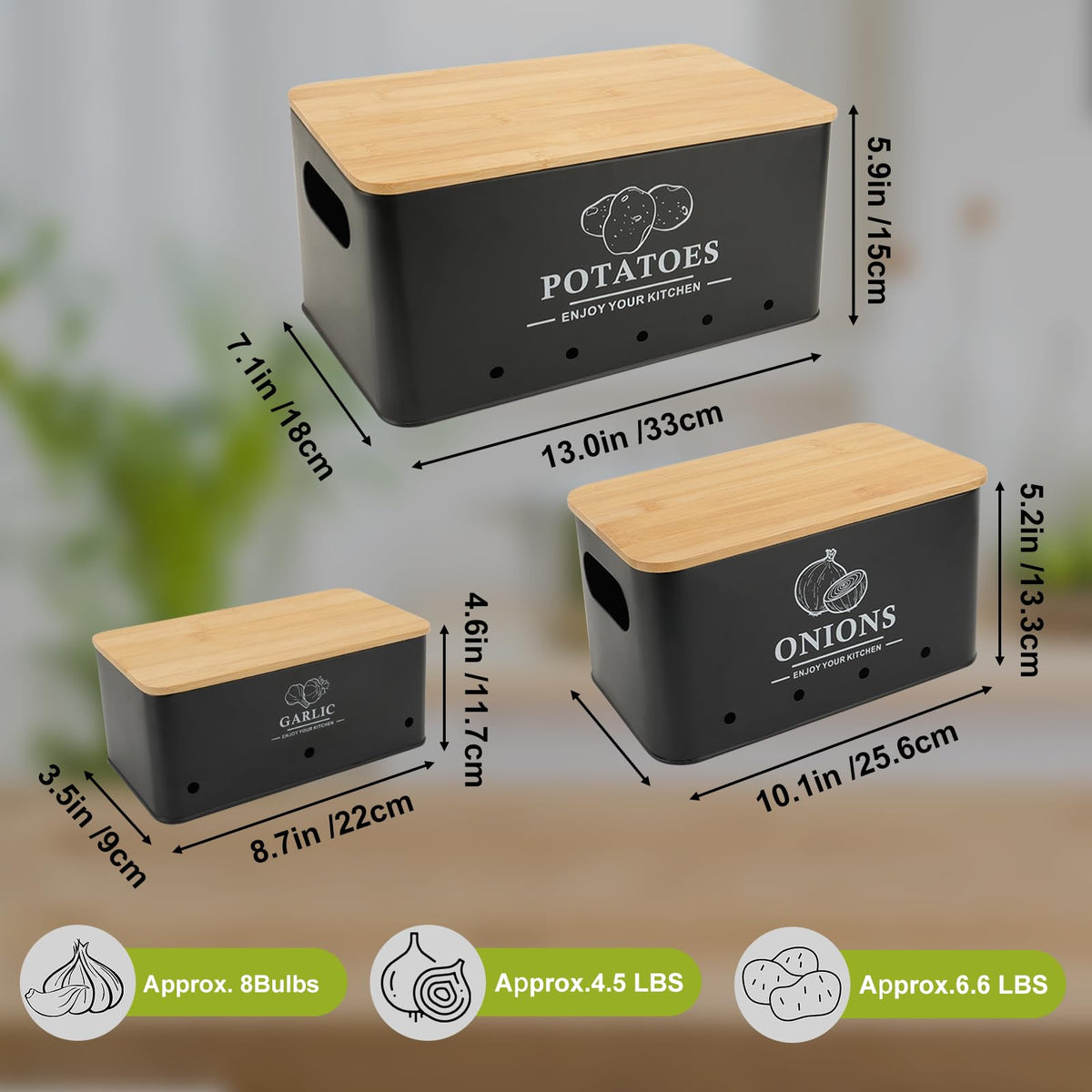 Dekosilave Kitchen Vegetable Storage Set of 3, Metal Onion Garlic Potato Storage Set, Kitchen Canisters Vegetable Keeper Containers with Aerating Holes and Bamboo Lid,Black