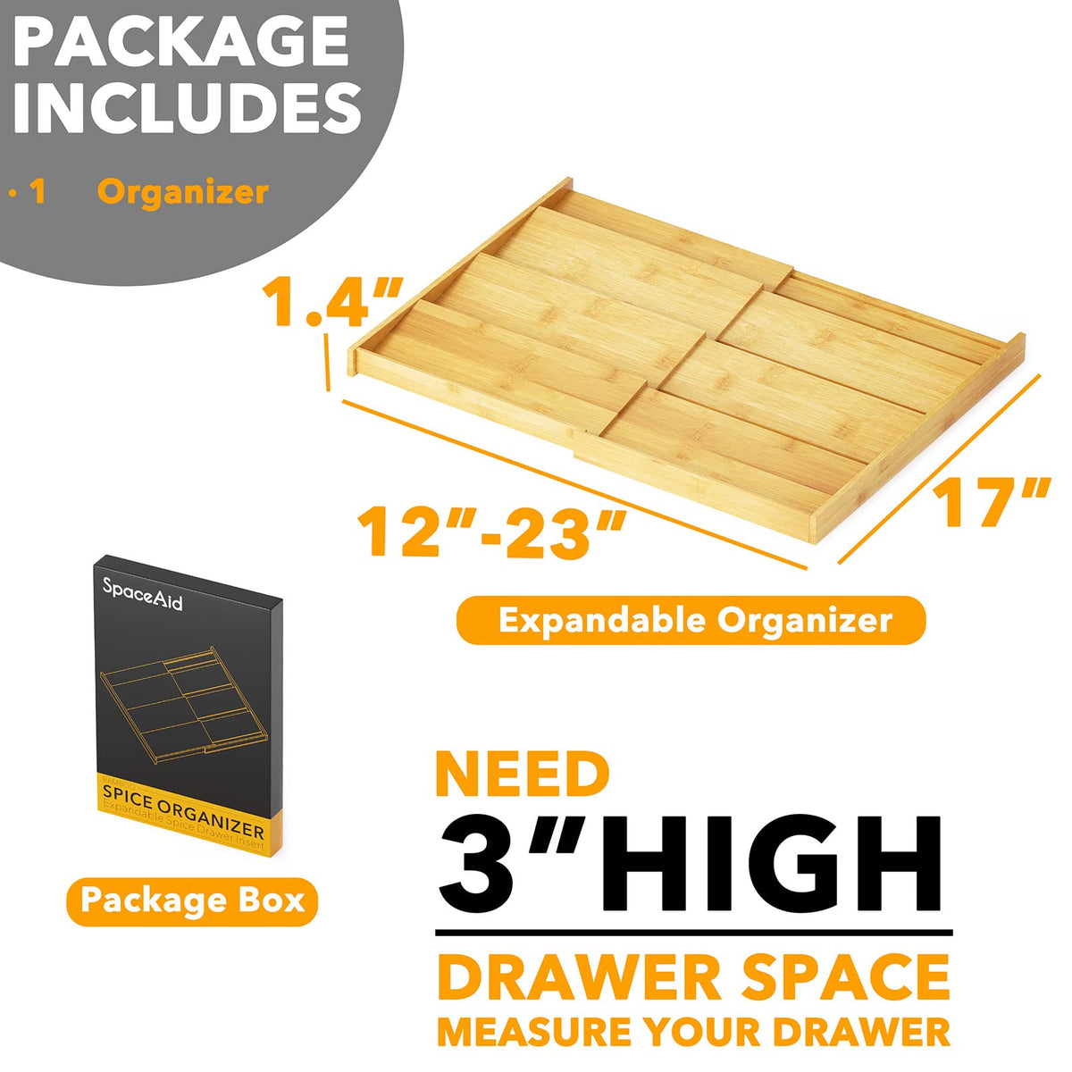 SpaceAid Bamboo Spice Drawer Organizer, (Need 3" Deep Drawer) Expandable 4 Tier Spices Rack for Cabinet, Kitchen Seasoning Storage Insert (Jars Not Included, From 12" to 23" Wide)